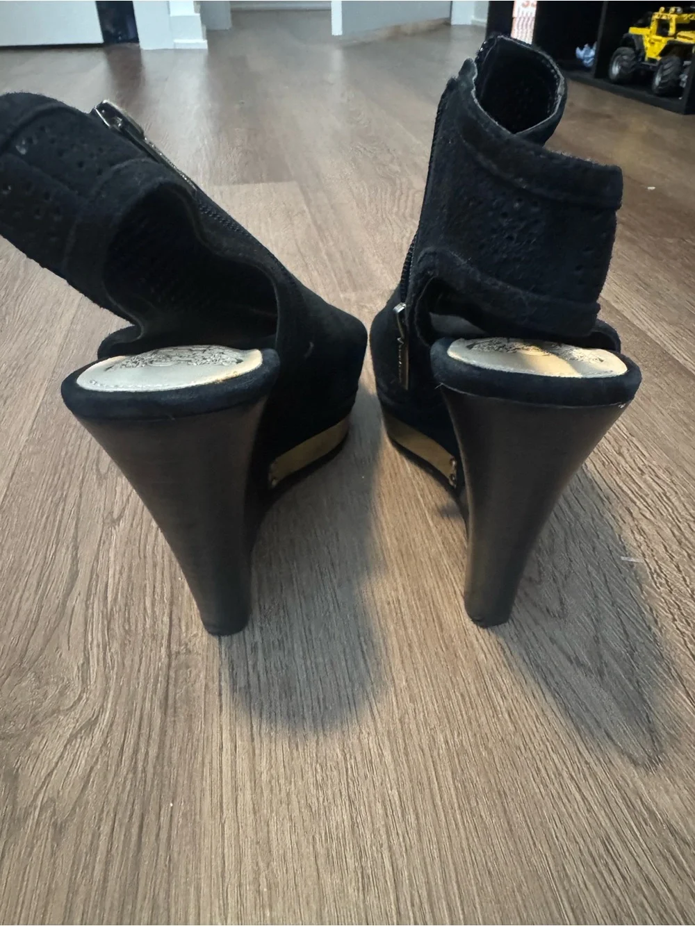 Vince Camuto Black Suede Open Toe/ Open Back Wedges